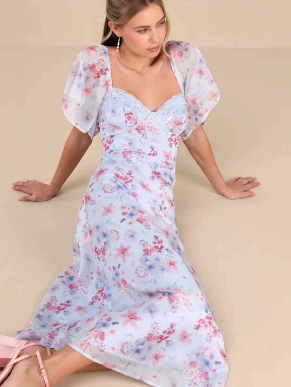 Light Blue Floral Flutter Sleeve Midi Dress